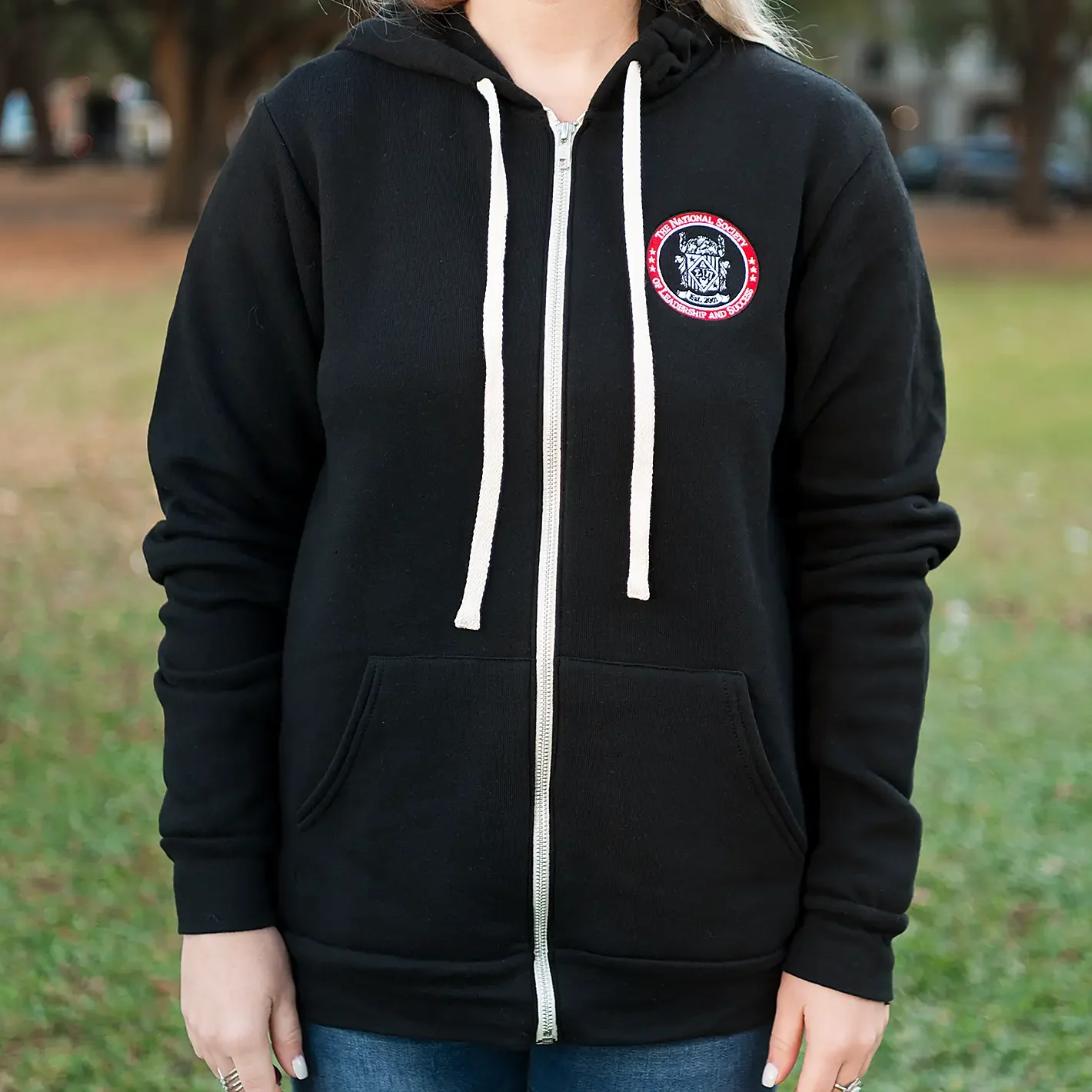 Full Zip Embroidered Hoodie - Black - Image 6