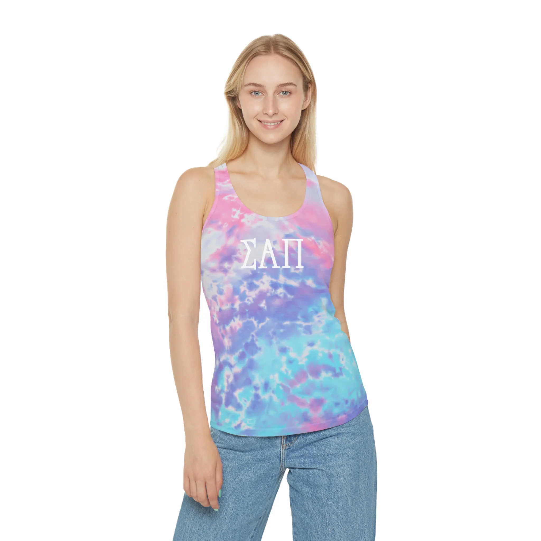 Sigma Alpha Pi Colorful Tie Dye Racerback Tank Top - Image 3