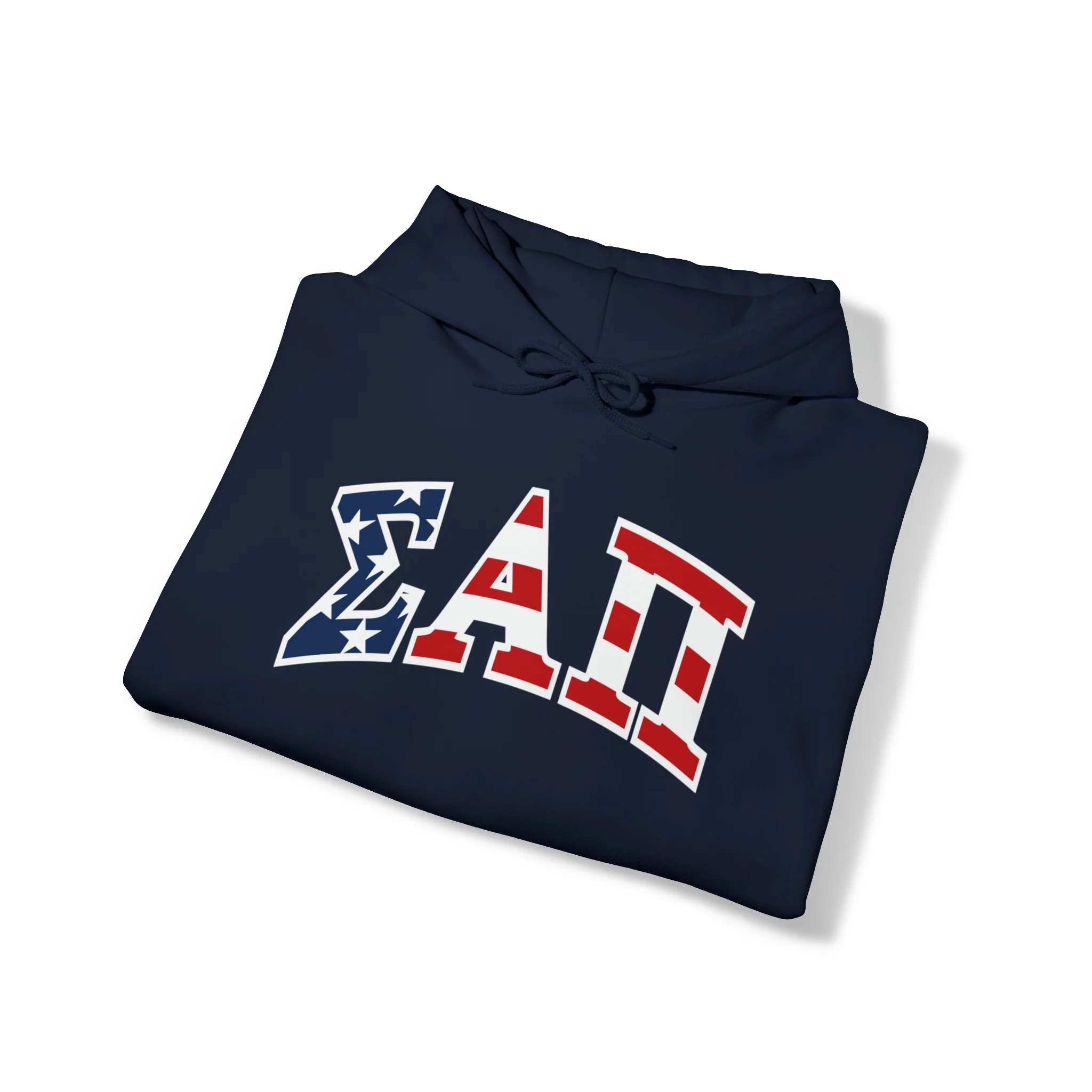 SIGMA ALPHA PI Heavy Hooded Sweatshirt - American Flag on Navy - Image 3